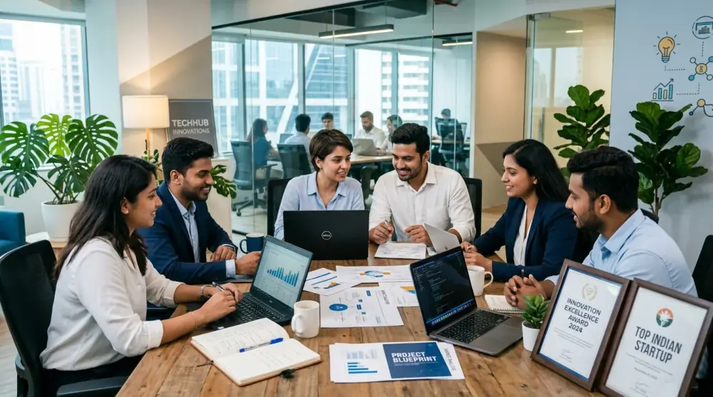 Indian startup team collaborating on innovation and DSIR recognition documentation